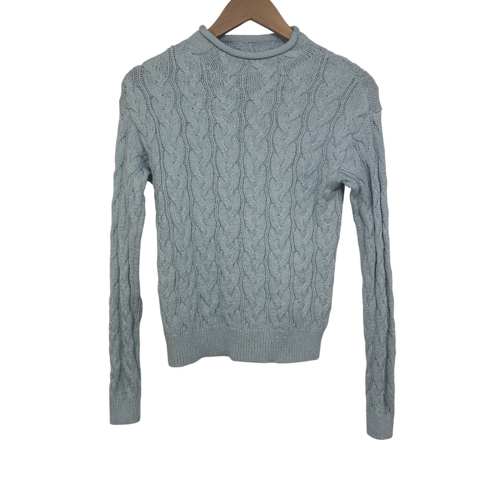 J.Crew Women Light Blue Cable Knit Roll Neck Sweater XS Fisherman Preppy Coastal